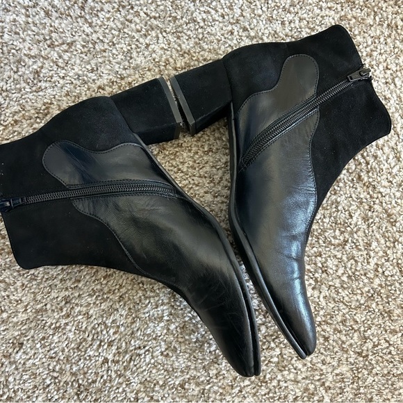 French Sole fs|ny Black Nappa Suede Bootie Point Toe Ankle Boots Block Heel - Picture 6 of 9